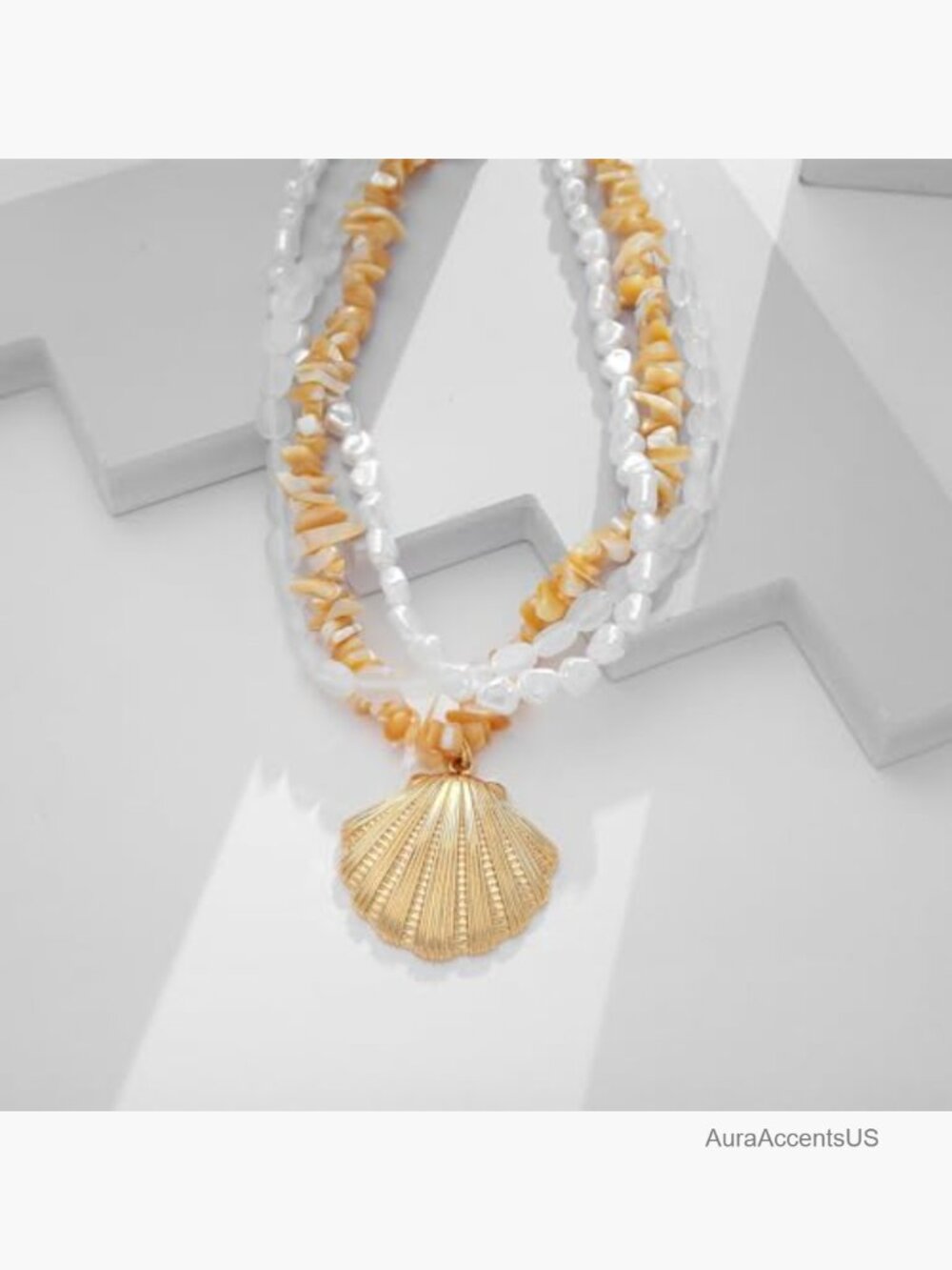 3-Layer Seashell Pendant Necklace, Gold Brass Beach Necklace for Women - Picture 5 of 7